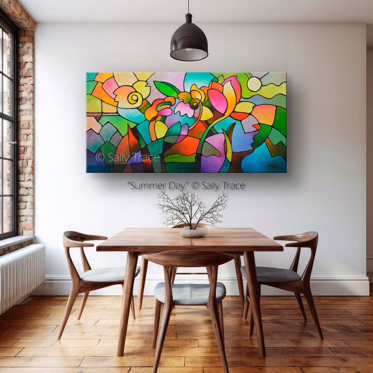 "Summer Day" abstract art floral garden painting in a dining room