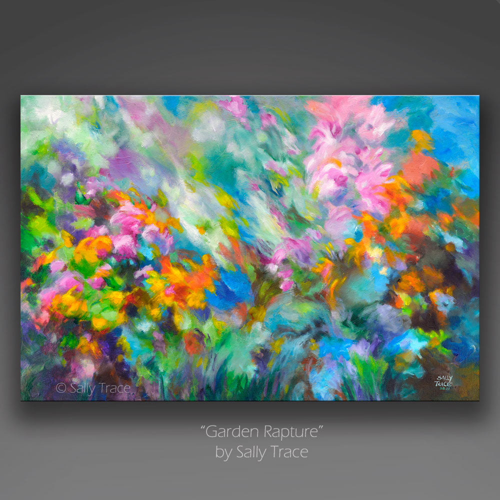Contemporary fine art prints on canvas from my original abstract painting "Garden Rapture" Abstract art on canvas for sale, these canvas giclee prints are made from my original colorful abstract garden art painting "Garden Rapture", colorful abstract garden wall art for the living room, office decor, living room decor