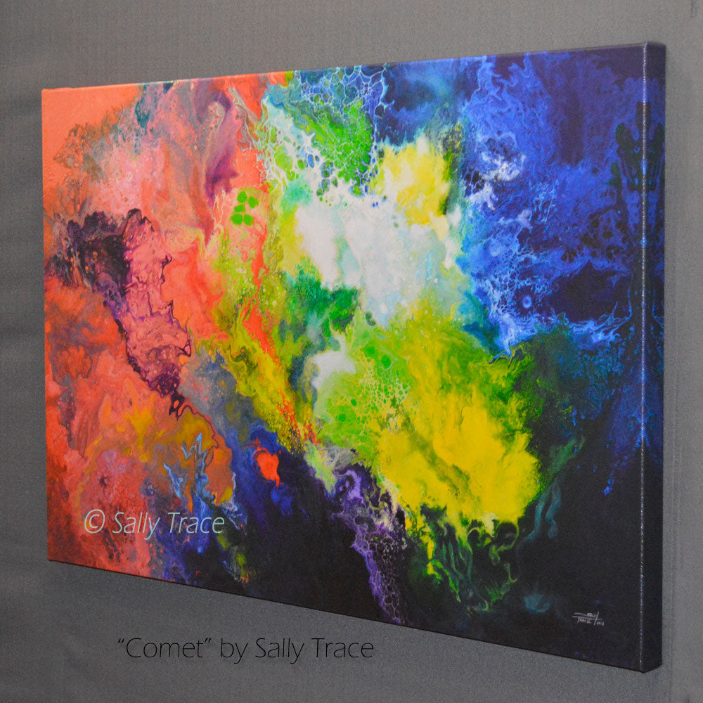Colorful abstract painting fluid art painting print, titled 'Comet' by Sally Trace