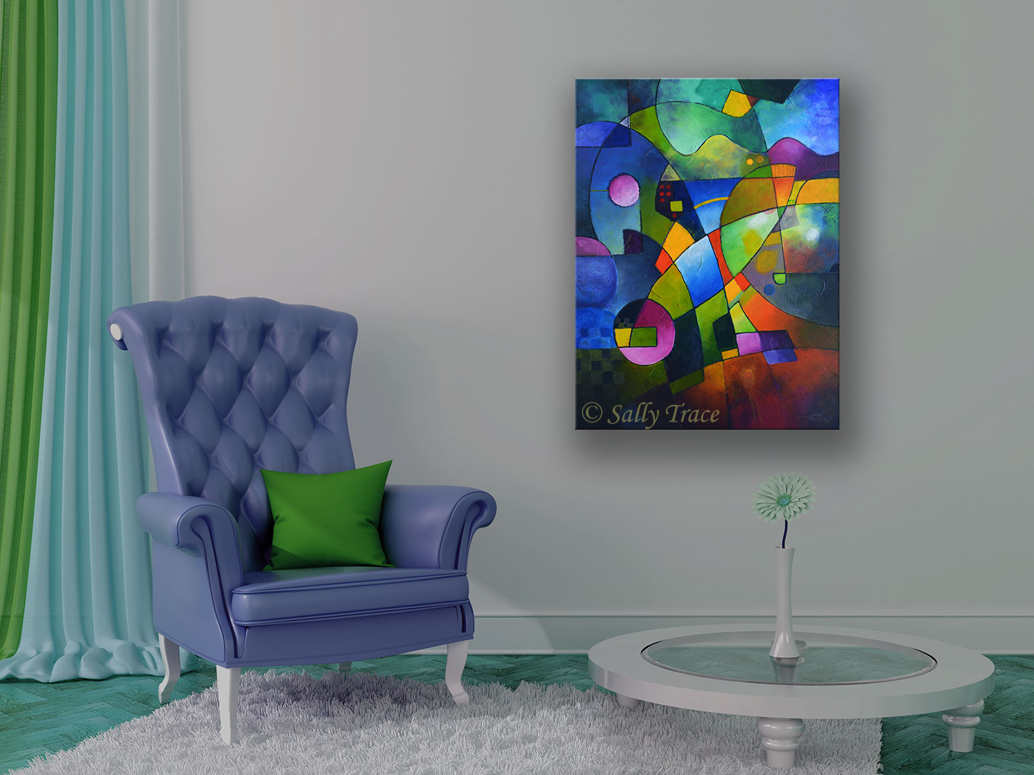 "Direction North," original abstract painting giclee print by Sally Trace, room view, blue abstract art