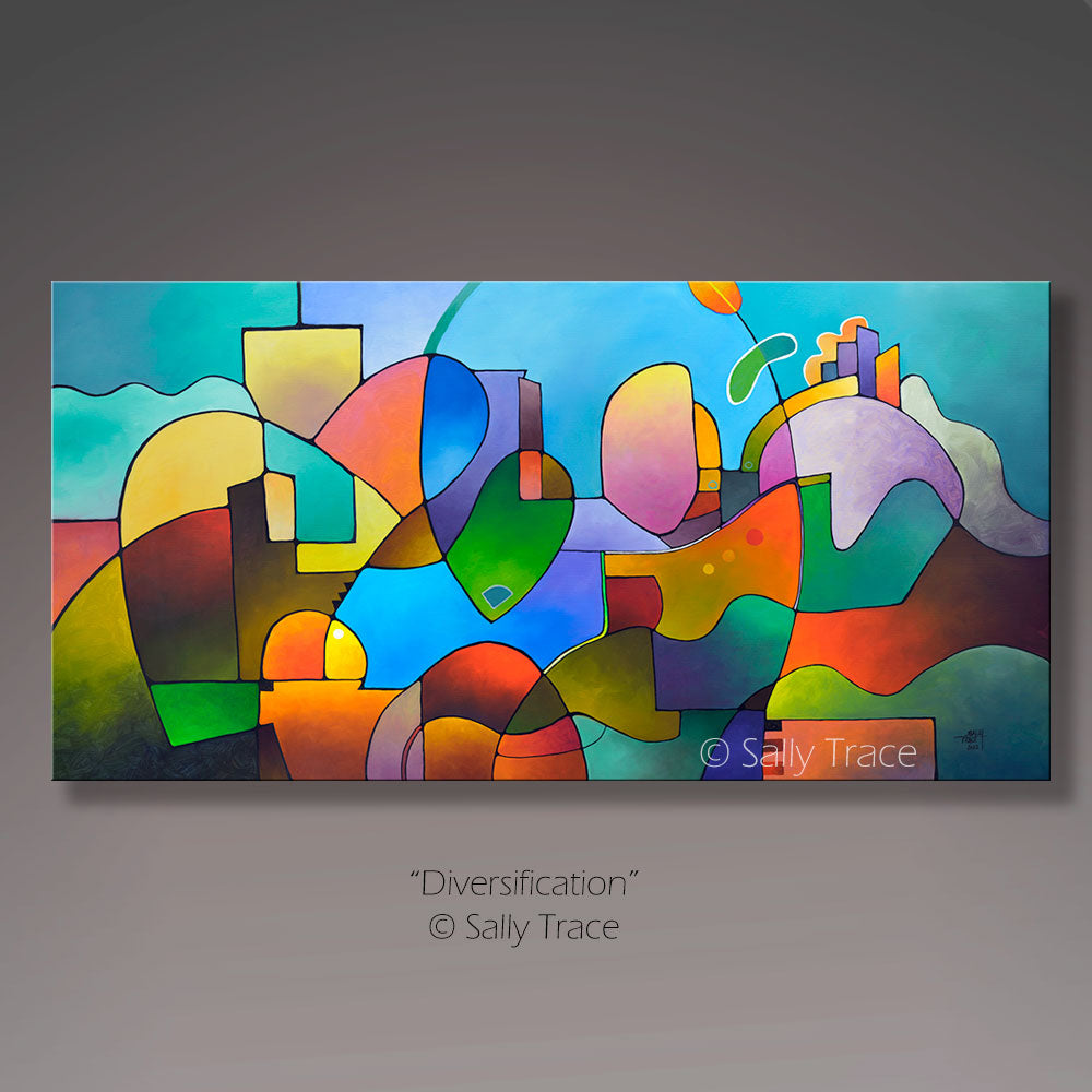 “Diversification” abstract landscape fine art prints, contemporary modern geometric colorful abstract art prints, geometric abstract wall art prints by Sally Trac
