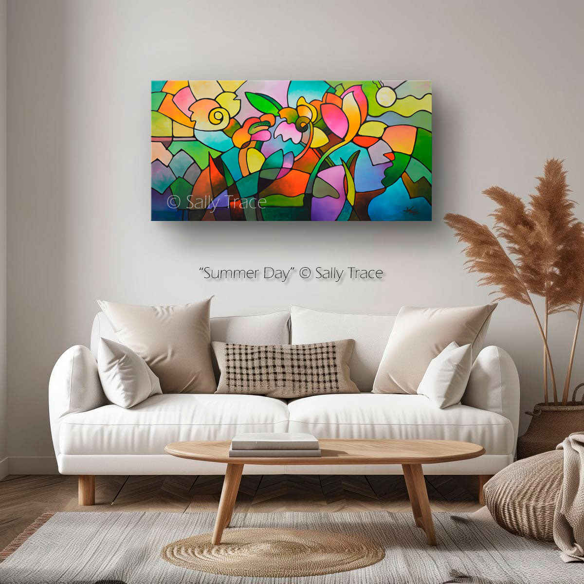 "Summer Day" abstract art floral garden painting in a living room