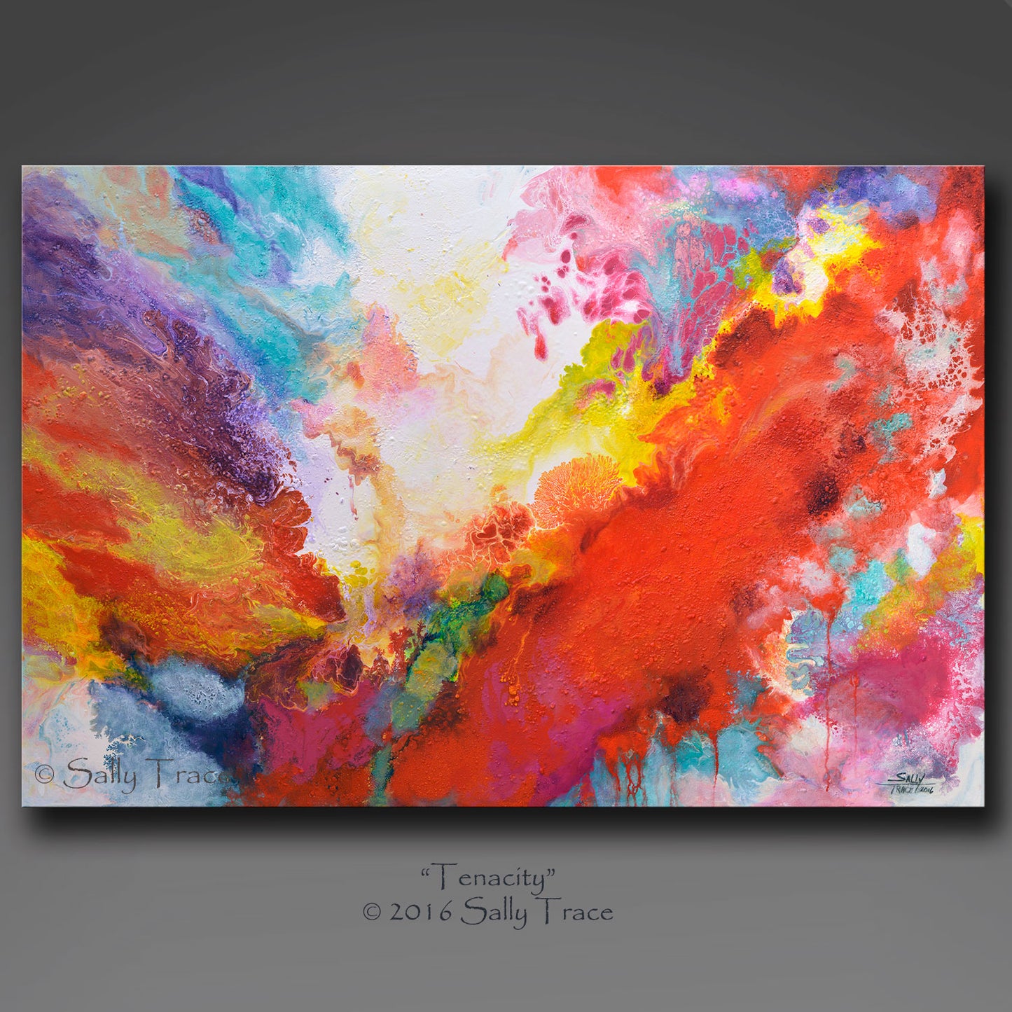 Modern and dynamic fluid art giclee prints on canvas made from my fluid art pour painting "Tenacity" by Sally Trace