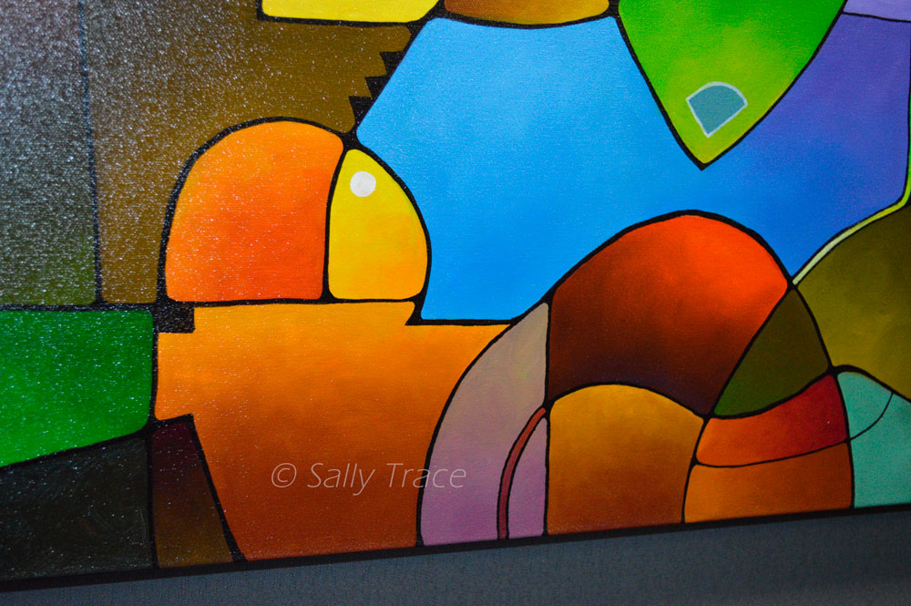"Diversification" modern geometric abstract landscape painting, abstract paintings for living room, blue and green and earth colors with hard edged geometric shapes, detail