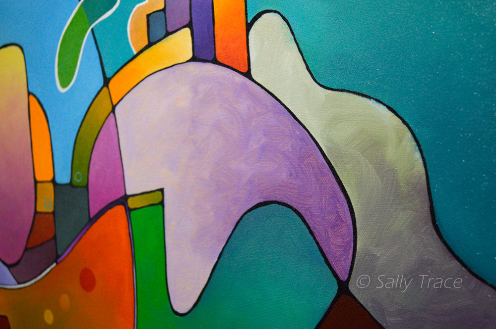 "Diversification" modern geometric abstract landscape painting, abstract paintings for living room, blue and green and earth colors with hard edged geometric shapes, detail