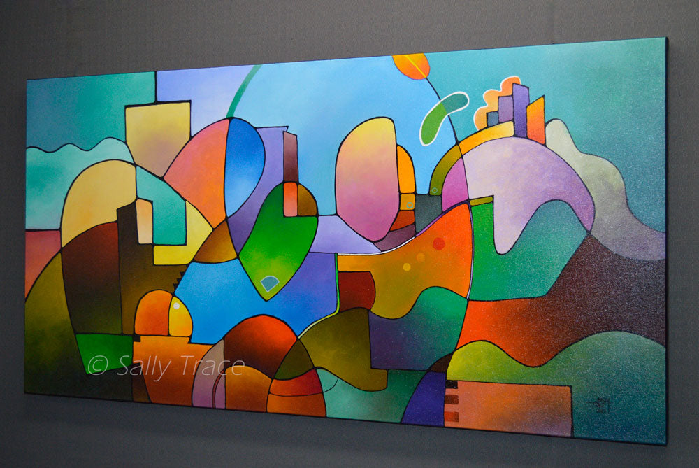 "Diversification" modern geometric abstract landscape painting, abstract paintings for living room, blue and green and earth colors with hard edged geometric shapes, right view