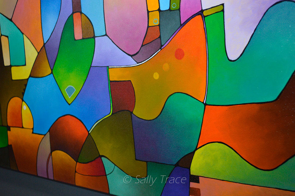 "Diversification" modern geometric abstract landscape painting, abstract paintings for living room, blue and green and earth colors with hard edged geometric shapes, detail