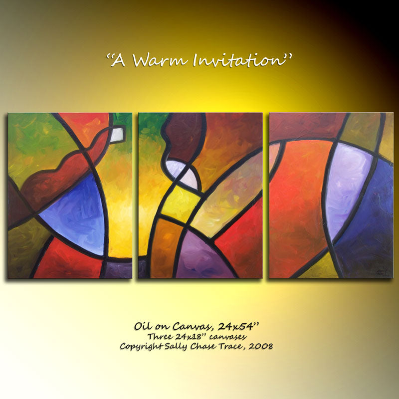 Modern triptych paiting by Sally Trace, "A Warm Invitation"