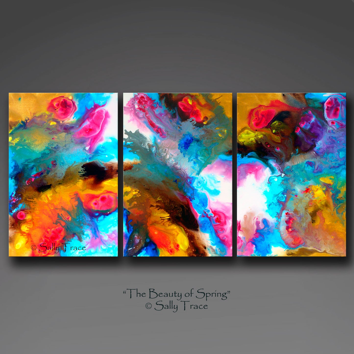 Contemporary abstract art for sale, fluid art triptych giclee print set by Sally Trace "The Beauty of Spring"