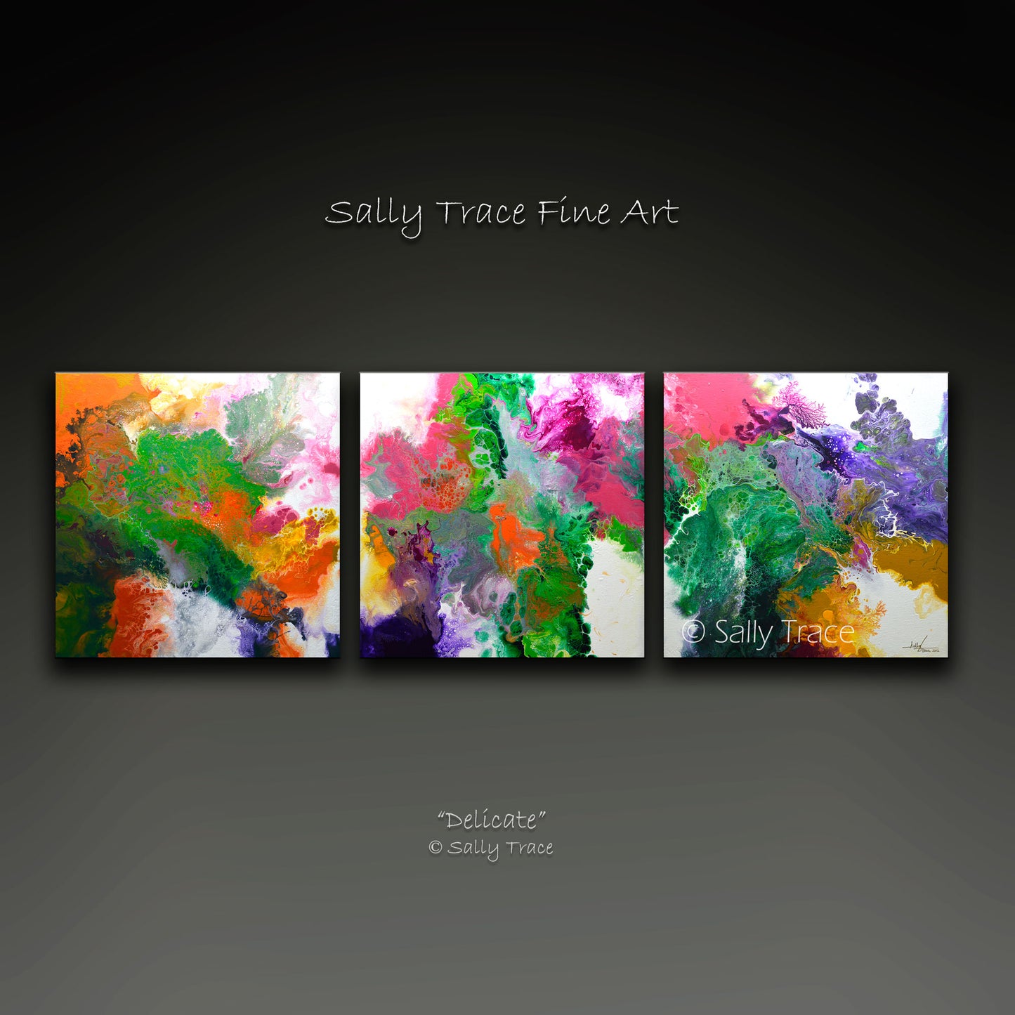 Modern contemporary abstract art for sale, Delicate, triptych fluid art giclée print set on canvas by Sally Trace