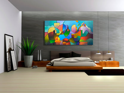 “Diversification” abstract landscape fine art prints, contemporary modern geometric colorful abstract art prints, geometric abstract wall art prints by Sally Trace, wall art for the bedroom