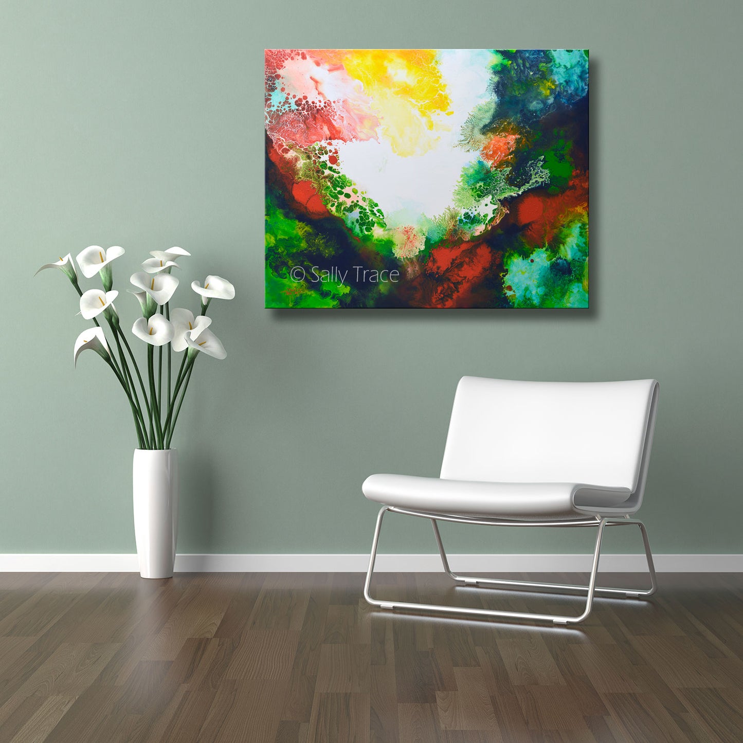 "Infusion 2" by Sally Trace, a giclee print on stretched canvas made from Sally's original modern art, contemporary fluid art abstract acrylic painting, room view