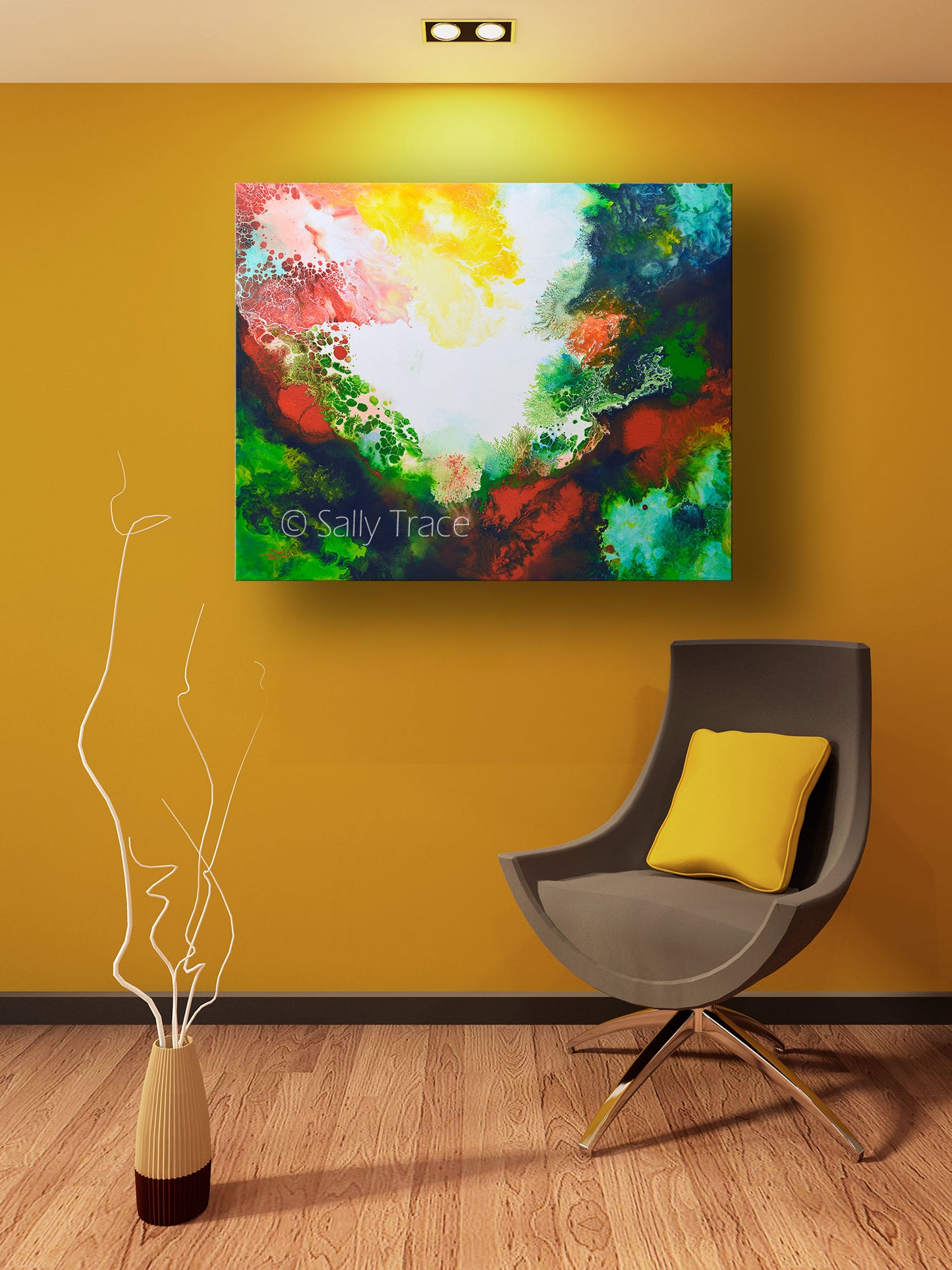 "Infusion 2" by Sally Trace, a giclee print on stretched canvas made from Sally's original modern art, contemporary fluid art abstract acrylic painting, room view