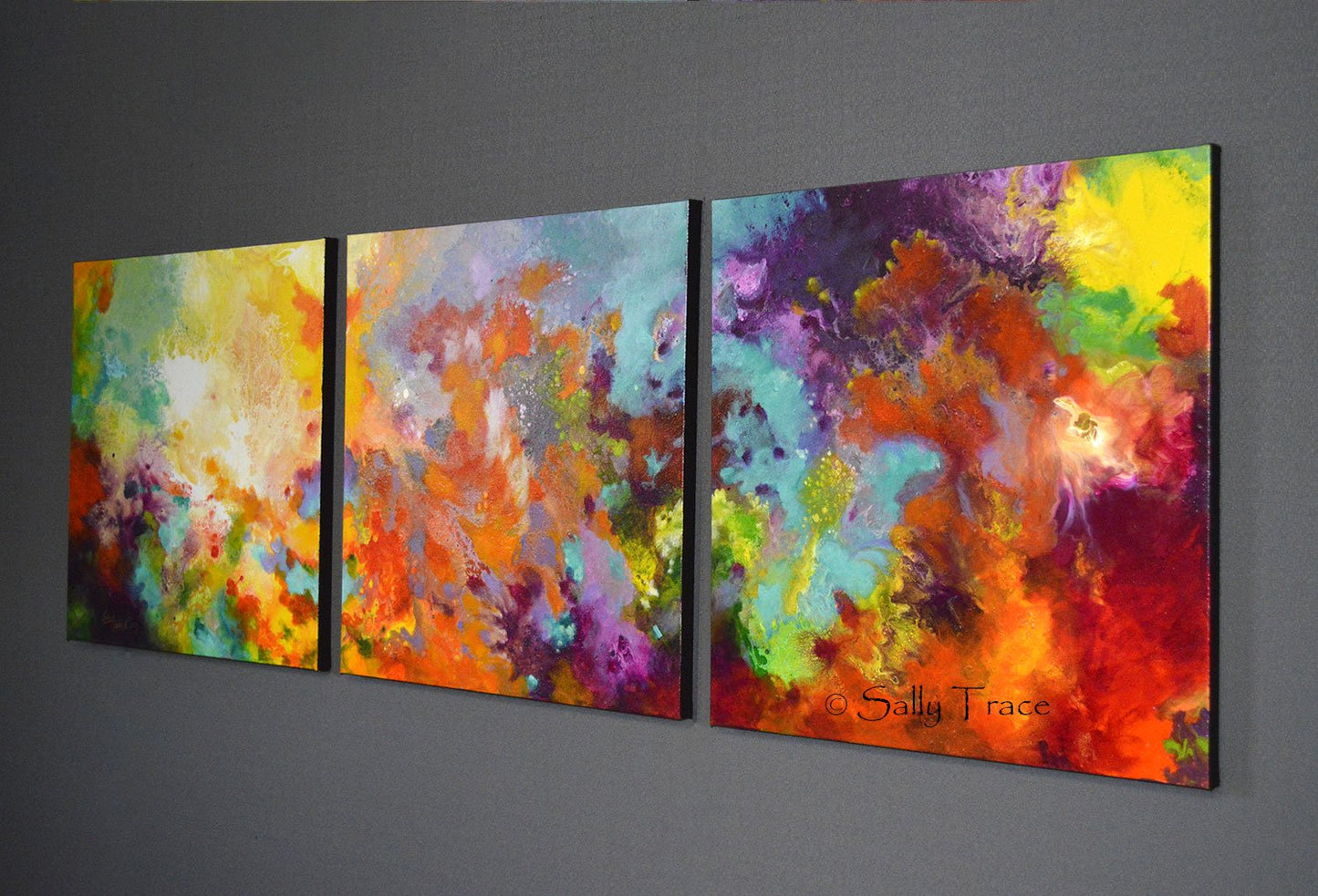 Momentum, original abstract triptych paintings. Three 20x20 inch paintings, acrylic on canvas. A richly detailed fluid painting with light texture, close-up view