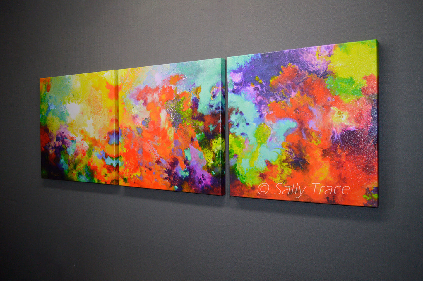 Momentum, contemporary abstract art triptych painting prints on canvas by Sally Trace. Large contemporary colorful modern modern art triptych prints on stretched canvas made from my original acrylic painting "Momentum". Coral, teal, yellow, violet and turquoise fine art prints for your bedroom, office, living room, dining room. Modern artwork horizontal prints for sale online, orange turquoise art,  modern living room wall art painting.