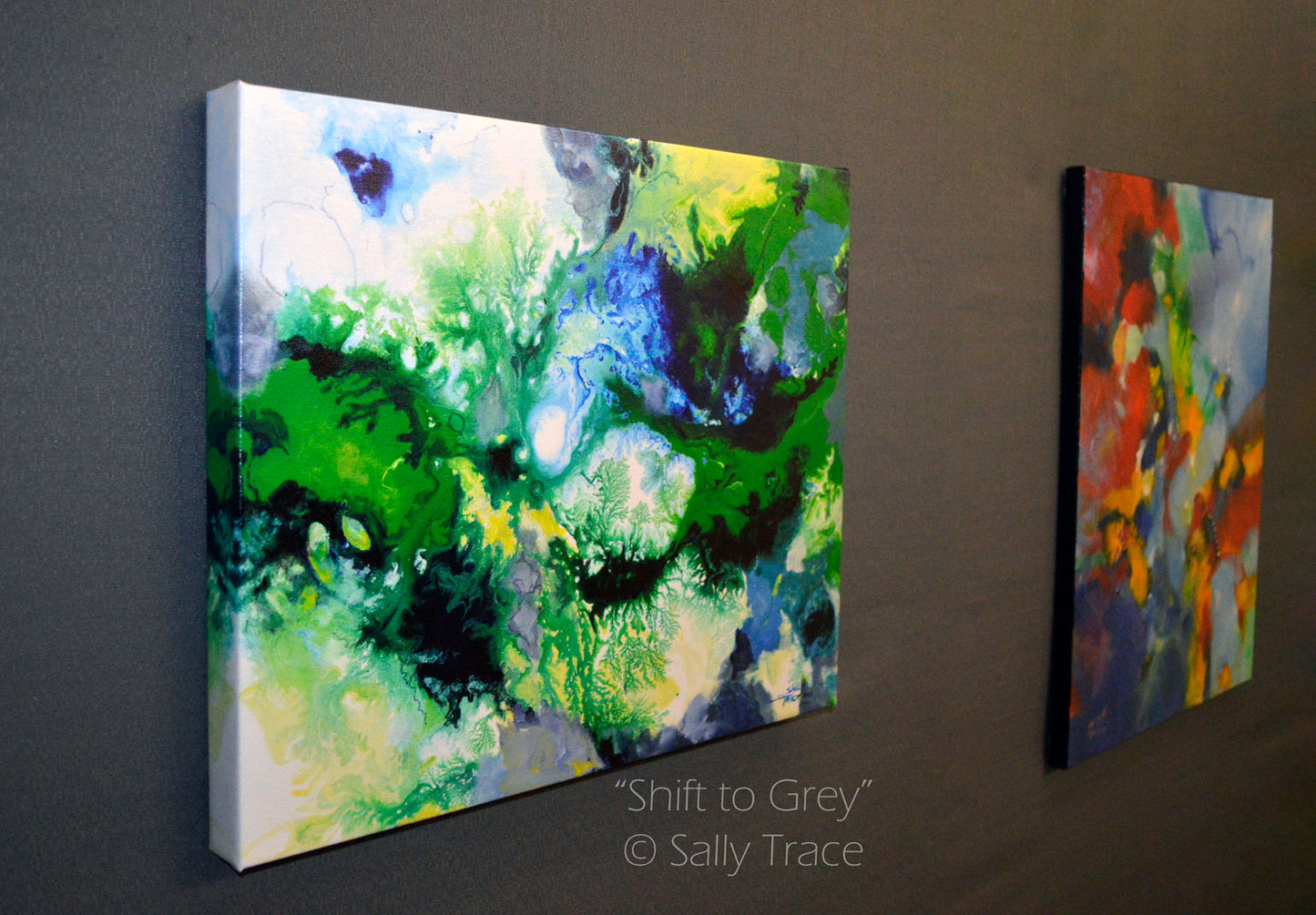 Giclee prints on cavnas from the origianl fluid art fine art painting by Sally Trace. Contemporary art for sale for the living roon, dining room, bedroom, side view