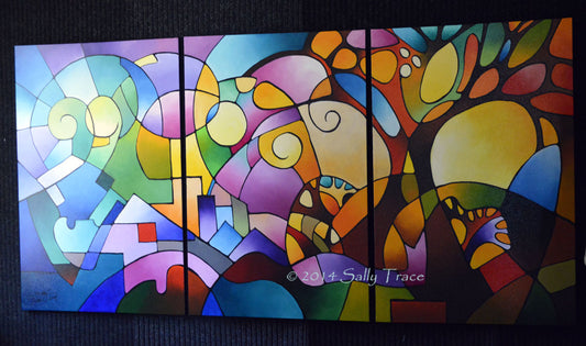 Daydream triptych geometric landscape painting by Sally Trace