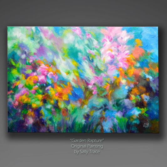 Modern abstract Impasto painting for sale by Sally Trace, about glorious blossoms and blooms of summer