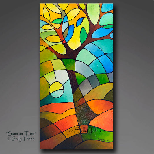 Summer Tree, original textured geometric tree painting