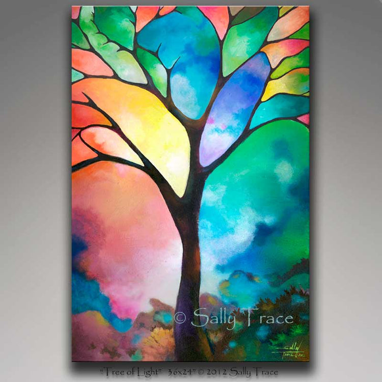 Tree of Light by Sally Trace, abstract tree paintings, tree of life art, geometric trees abstract, circle of life paintings, trees in sunset abstract, colorful tree art, tree home decor, landscape paintings