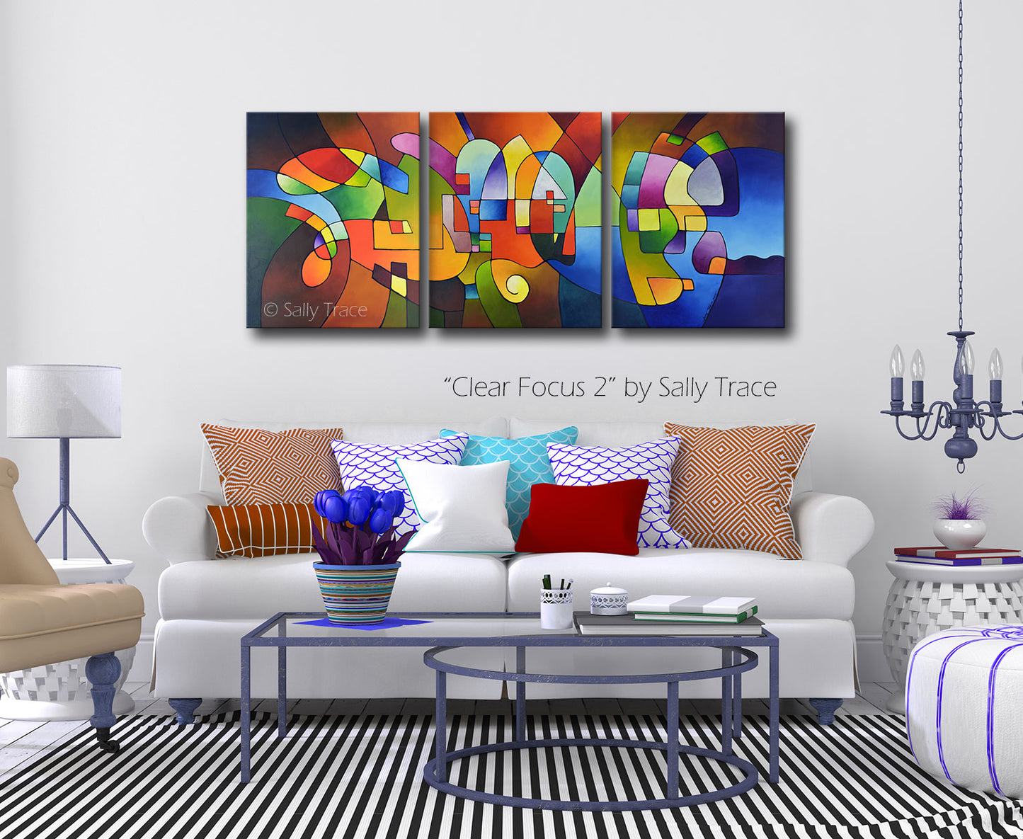 "Clear Focus 2" triptych geometric painting by Sally Trace, in a living room