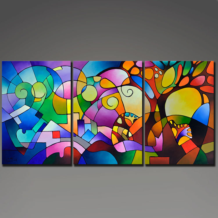 Beautiful acrylic paintings for living room, "Daydream", original triptych geometric landscape painting by Sally Trace
