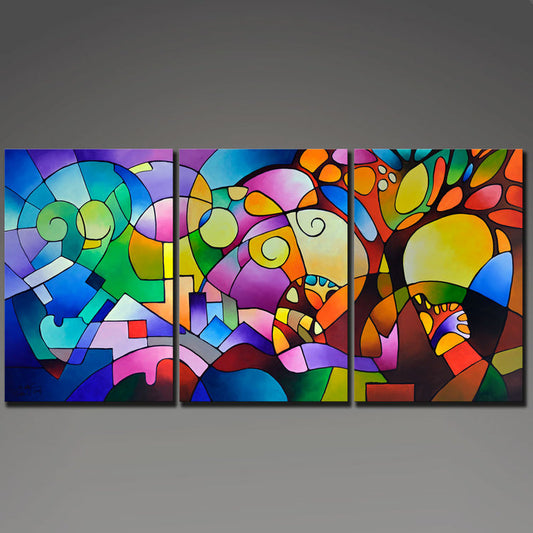 Beautiful acrylic paintings for living room, "Daydream", original triptych geometric landscape painting by Sally Trace