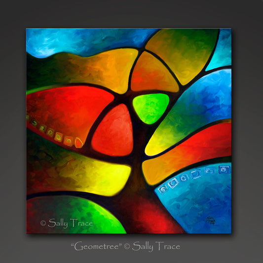 "Geometree" abstract art oil painting by Sally Trace