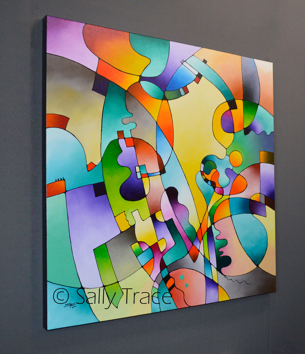 Original abstract modern painting by Sally Trace "Geometric Rhythms" 36x36 inches, stretched  cotton canvas, ready to hang, left view.