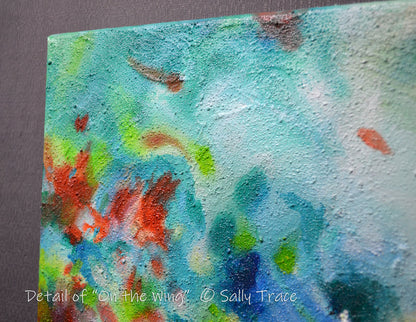 "On the Wing" original textured painting by Sally Trace, close-up view