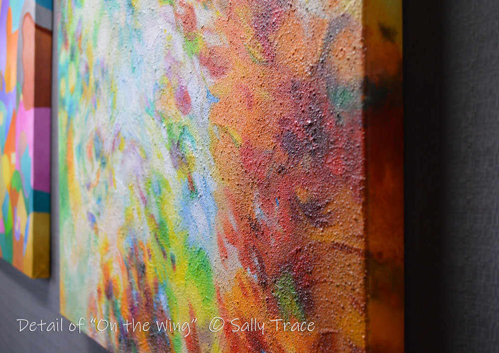 "On the Wing" original textured painting by Sally Trace, close-up view