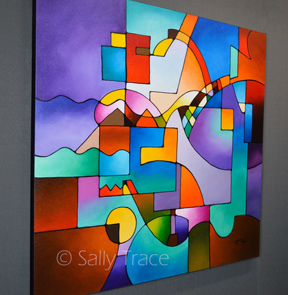 Unified Theory, original abstract art for sale, contemporary modern geometric painting, side view, by Sally Trace