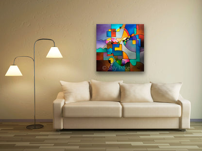 Unified Theory, original abstract art for sale, contemporary modern geometric painting, room view.