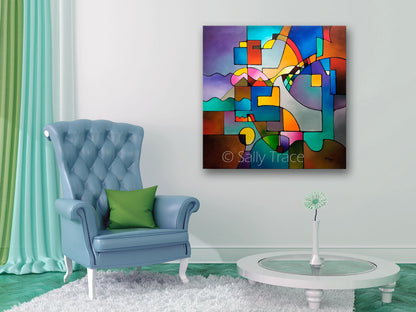 Unified Theory, original abstract art for sale, contemporary modern geometric painting, room view, by Sally Trace