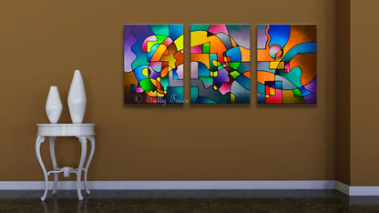 Modern art triptych giclee prints from my original geometric art acrylic painting by Sally Trace, modern living room wall decor