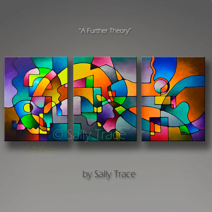 Modern art contemporary geometric acrylic painting triptych. Original abstract geometric painting commission "A Further Theory".  Oversized geometric wall art, Three acrylic paintings on gallery wrapped canvas with the sides painted black. Abstract acrylic mixed media painting. Varnished, wired and ready to hang.
