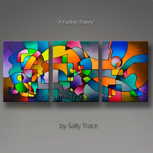 Modern art contemporary geometric acrylic painting triptych. Original abstract geometric painting commission "A Further Theory".  Oversized geometric wall art, Three acrylic paintings on gallery wrapped canvas with the sides painted black. Abstract acrylic mixed media painting. Varnished, wired and ready to hang.