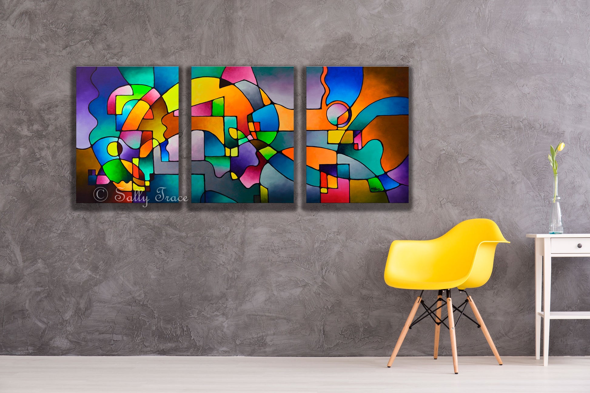 Modern art triptych giclee prints from my original geometric art acrylic painting by Sally Trace