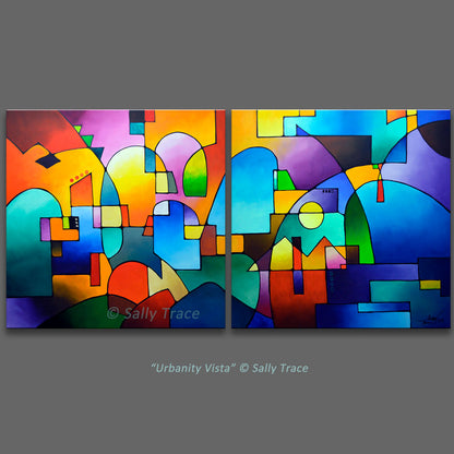 Abstract art diptych landscape art prints with colorful geometric shapes  titled 'Urbanity Vista' by Sally Trace.