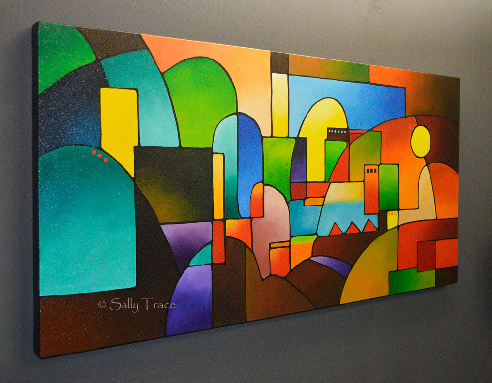 Acrylic paintings for living room, geometric abstraction, large colorful original abstract painting commission by Sally Trace "Urbanity 2", room view, large wall art for dining room