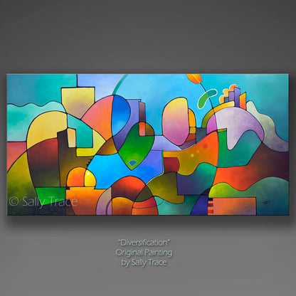 Abstract landscape art, "Diversification" modern geometric abstract landscape painting, abstract paintings for living room, blue and green and earth colors with hard edged geometric shapes