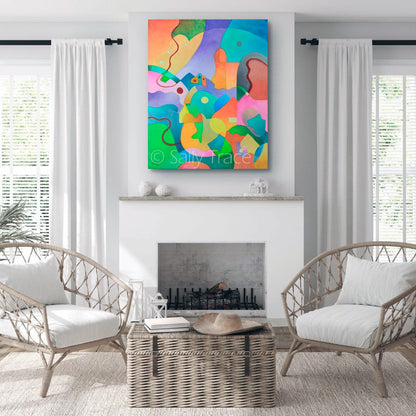 "Far and Away" prints on stretched canvas and archival paper, room view, fireplace, abstract landscape art