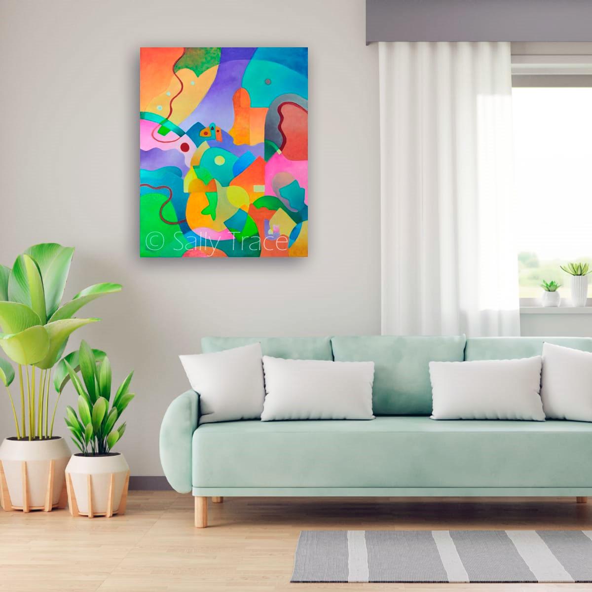 "Far and Away" original painting and prints on stretched canvas and archival paper, room view, abstract landscape art by Sally Trace