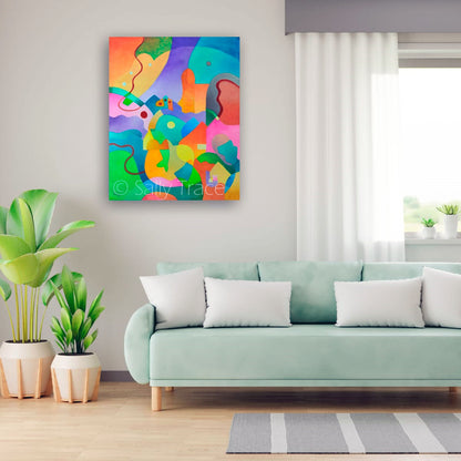 "Far and Away" original painting and prints on stretched canvas and archival paper, room view, abstract landscape art by Sally Trace