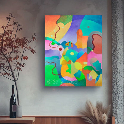 "Far and Away" prints on stretched canvas and archival paper, room view, fireplace, abstract landscape art