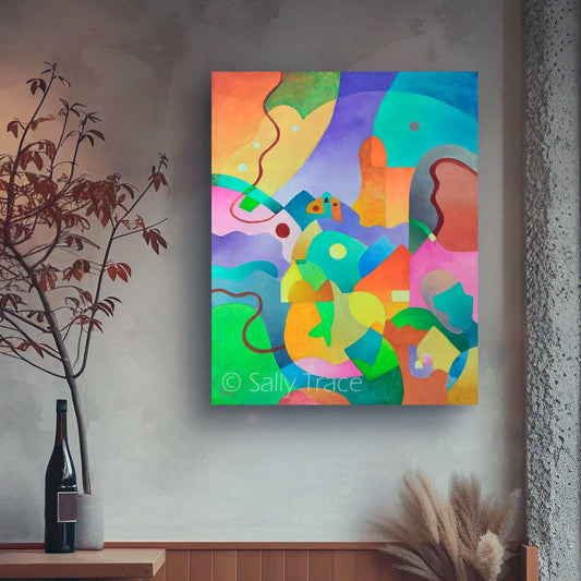 "Far and Away" prints on stretched canvas and archival paper, room view, fireplace, abstract landscape art
