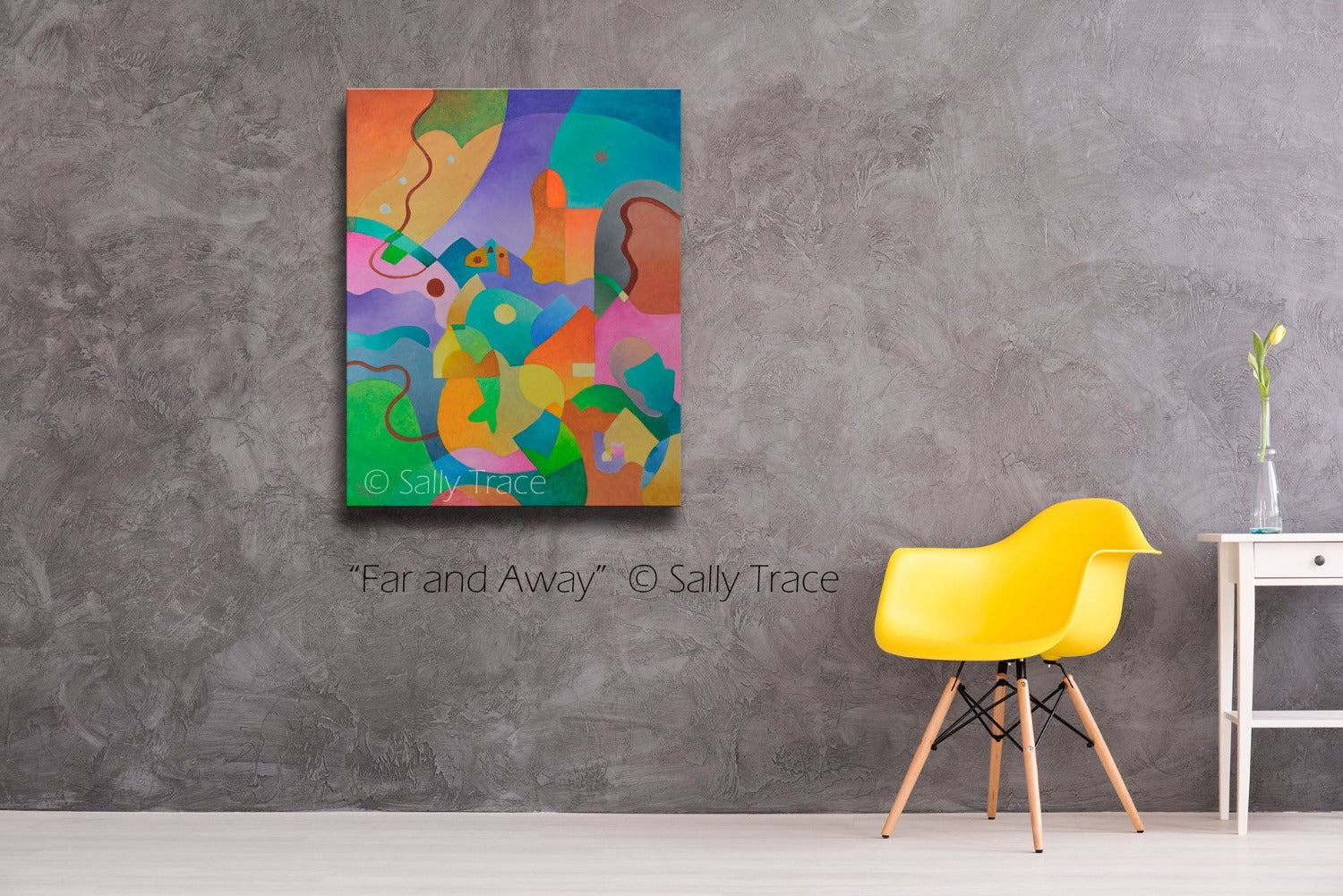 Original abstract landscape painting by Sally Trace "Far and Away" living room view