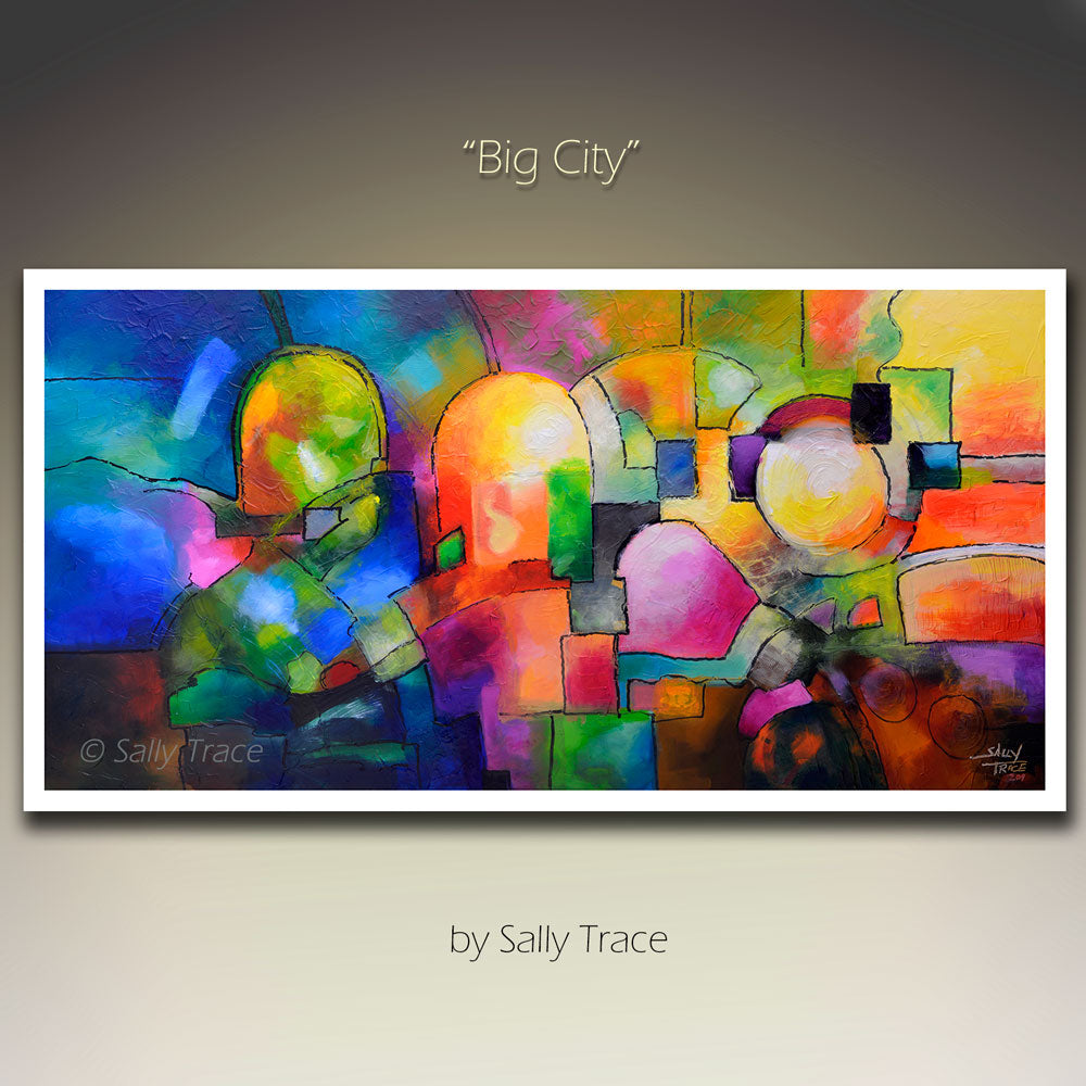 Large fine art canvas prints, canvas giclee prints by Sally Trace, "Big City", large wall art prints, modern art for the bedroom, contemporary modern living room wall art