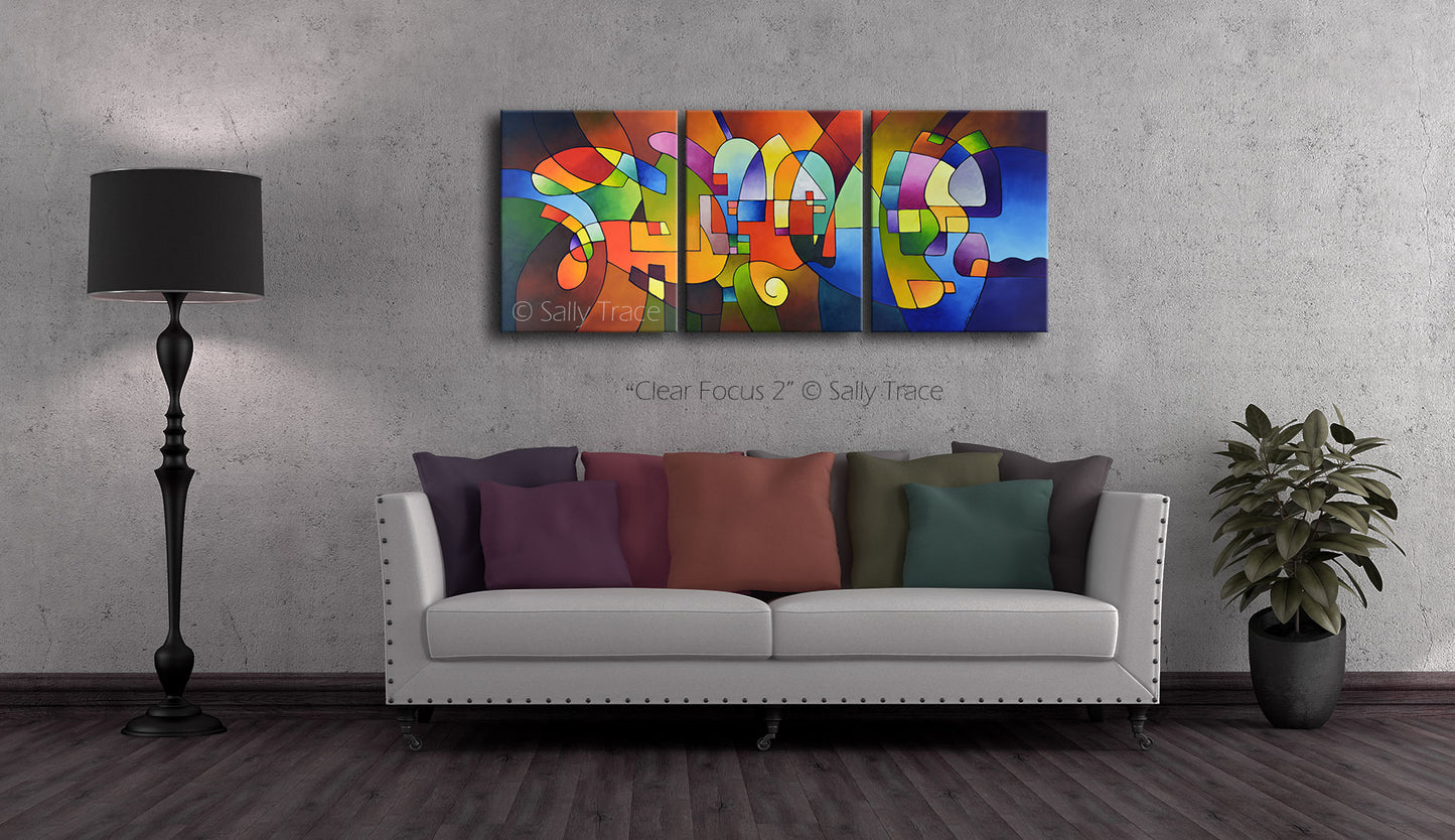 "Clear Focus 2" triptych geometric painting by Sally Trace