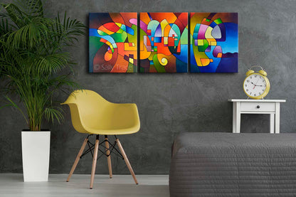 "Clear Focus 2" triptych geometric painting by Sally Trace